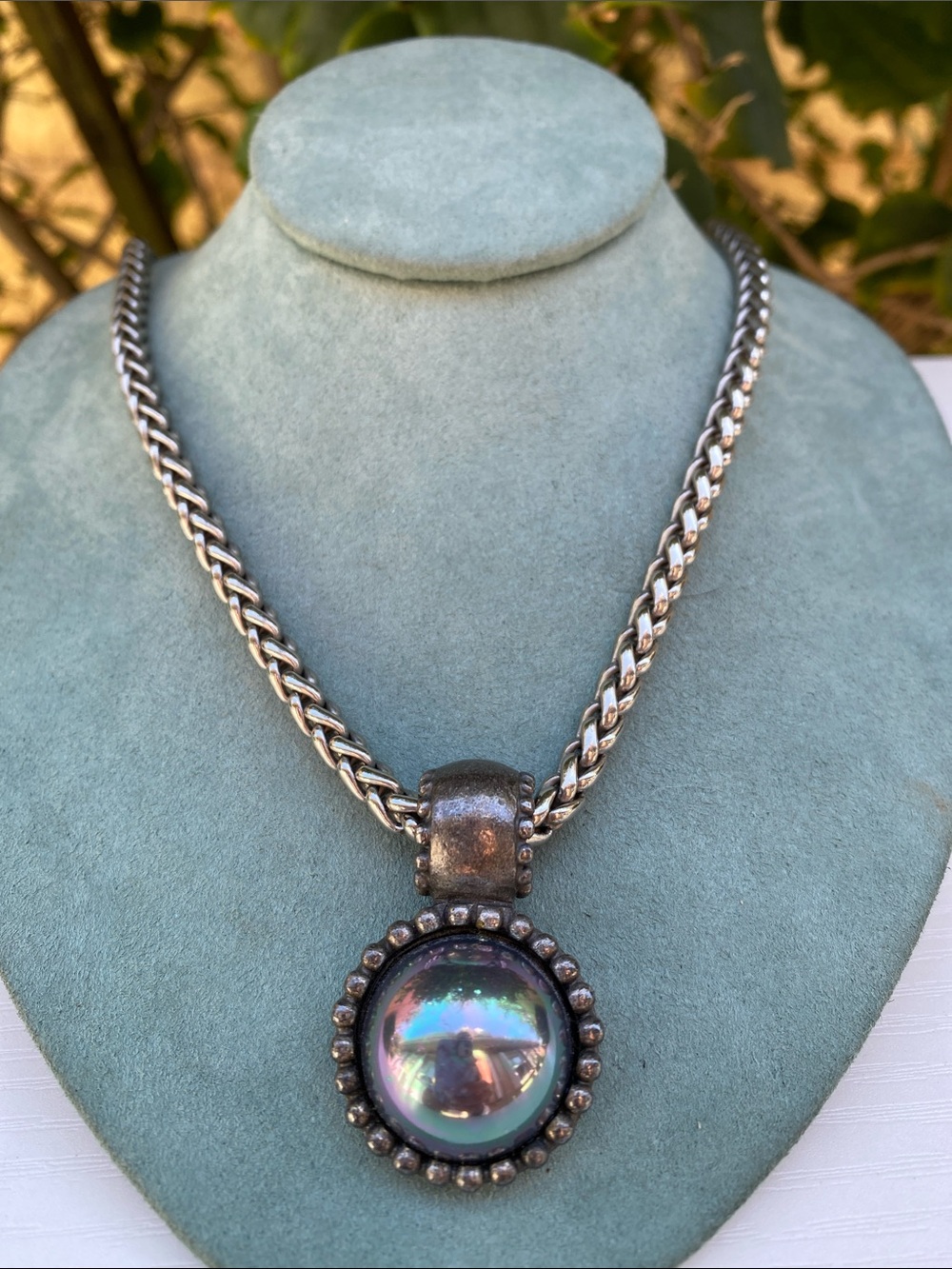 Vintage Iridescent Cabochon Pendant Silver Tone Statement Necklace